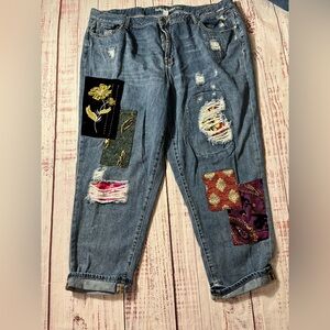 Embellished Blue Patchwork Boyfriend Jeans